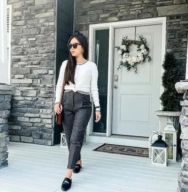 Long Sleeve White Shirt with High Waist Plain Pants + Mule Shoe + Midi Handbag + Sunglasses