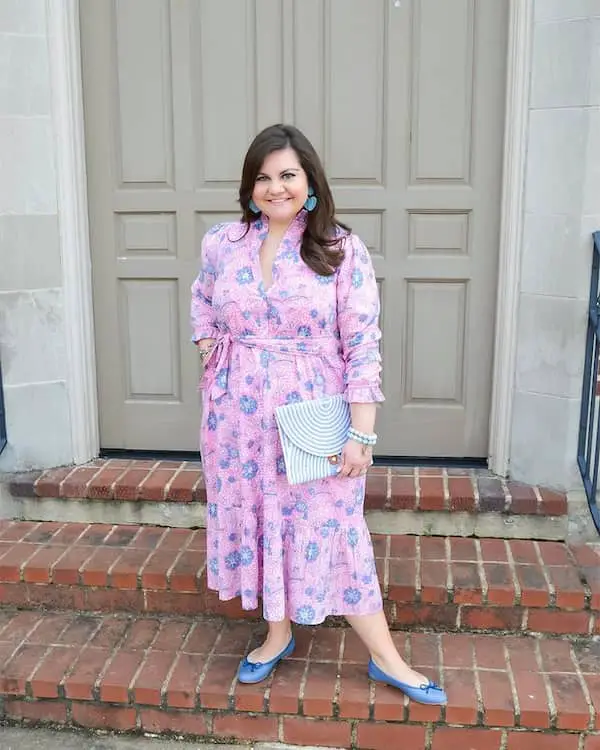 Long print Shirt Dress + Demi Flats + Clutch