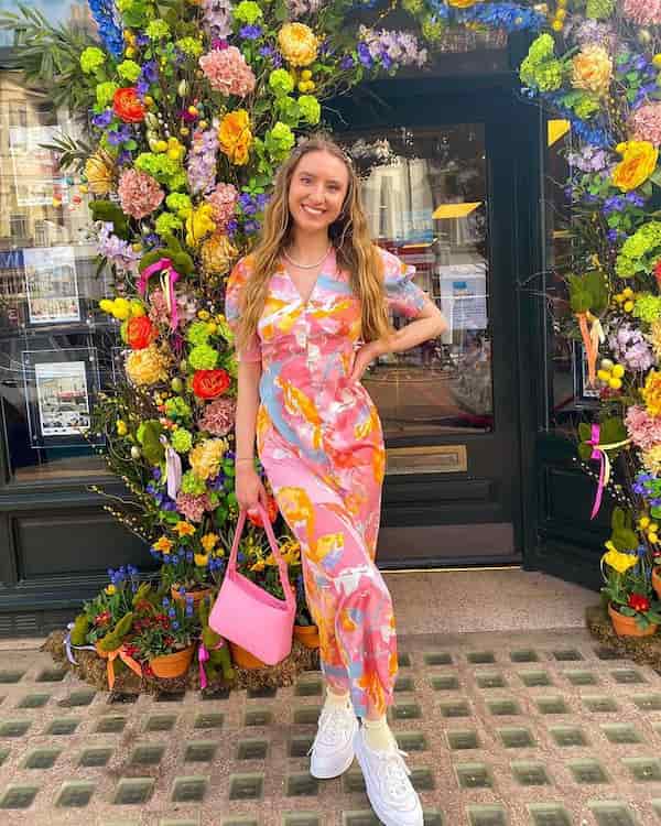 Midi Floral Dress with Sneakers + Midi Handbag