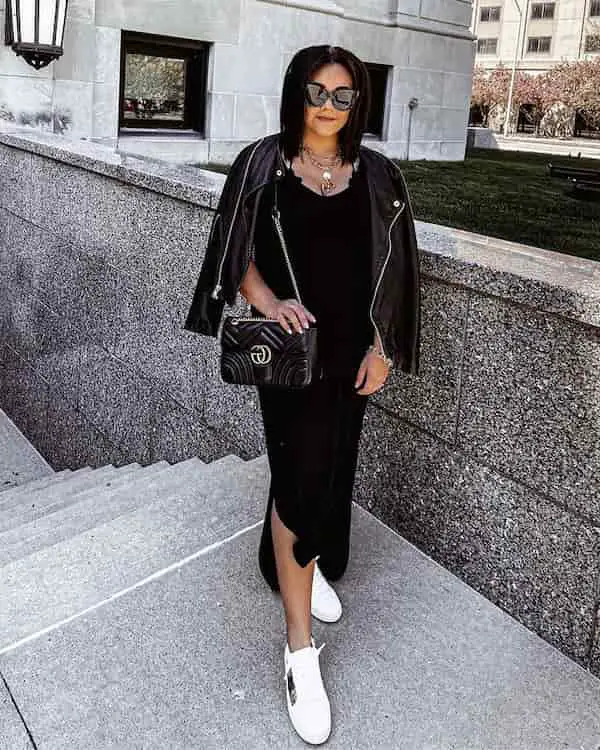 Midi Swead Gown + Swead Jacket + Sneakers + Midi Handbag +Sunglasses