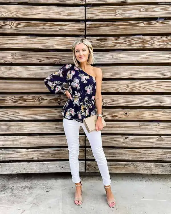 One-handed Sleeveless Top with White Jeans + Heels + Clutch Purse