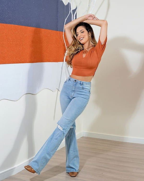 Orange Crop Top with High Waist Flare Jeans + Loafers