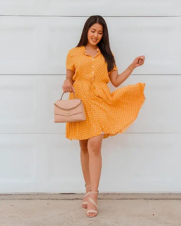 Orange Knee-Length Dress + Heels + Midi Handbag