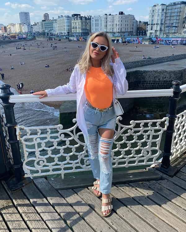 Orange Top with White Long Sleeve Shirt + Ripped Jean Pants + Sandals + Sunglasses