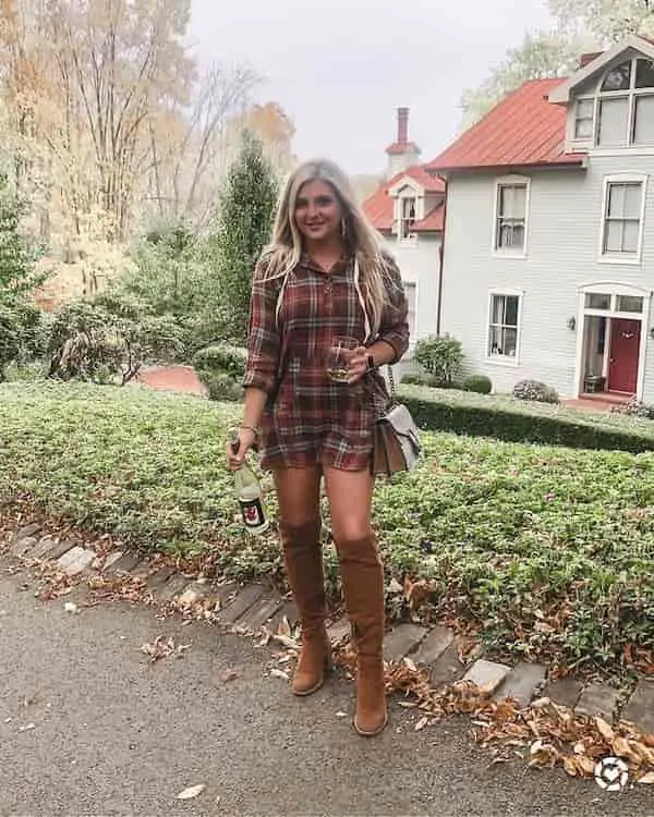 Oversized Flannel with knee-length Boots + Midi Handbag