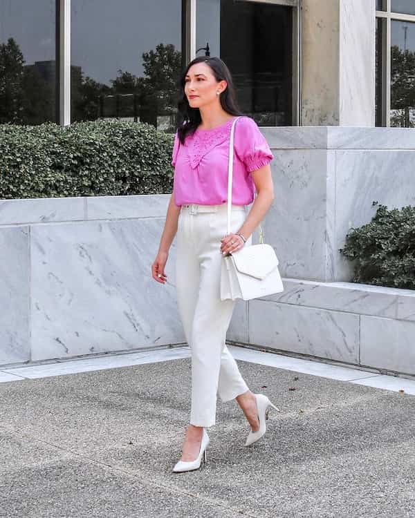 Pink Blouse with White Pants + Heels + Midi Handbag