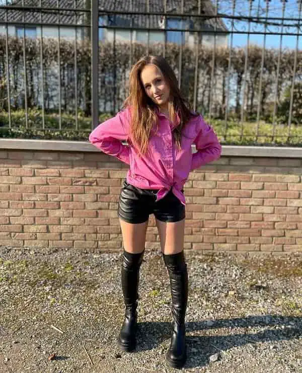Pink Long Sleeve Shirt with Black Leather Pants + Thigh-High Boots