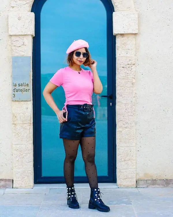 Pink T-Shirt with Black Leather Pants + Boots + Beret + Sunglasses