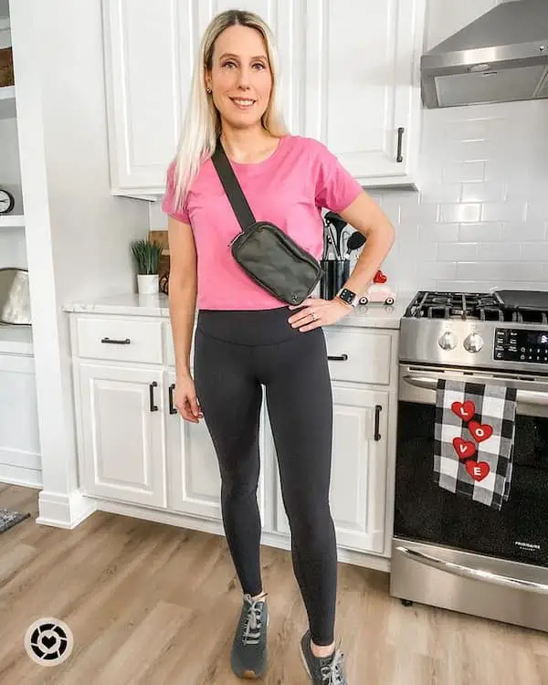 Pink Top with Black Leggings + Cross Body Bag + Sneakers + Van Shoe