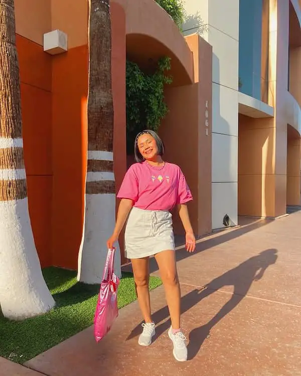 Pink Top with Mini Skirt + Sneakers + Maxi Grocery Bag