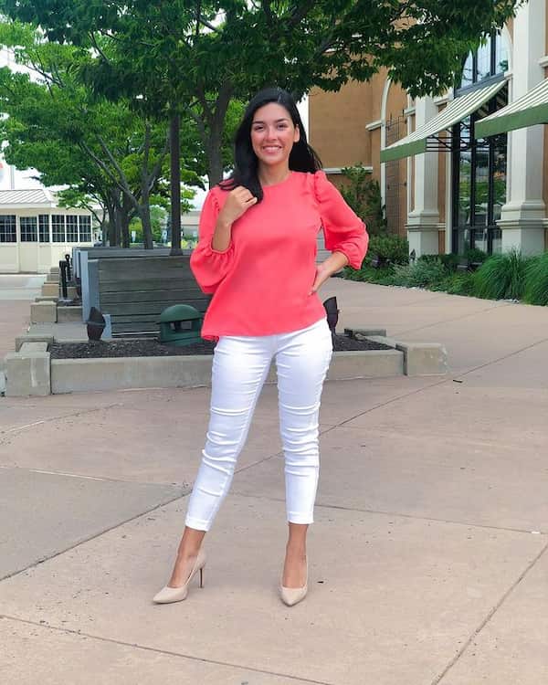 Plain Blouse with White Skinny Pants + Heels