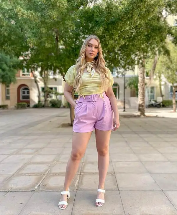 Puffed Hands Blouse with Dark Pink Shorts + Heels