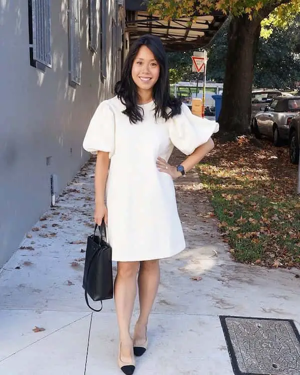 Puffed Hands Short Dress with Loafers + Maxi Handbag