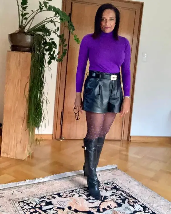 Purple Long Sleeve Shirt with Black Leather Shorts + Knee-High Boots