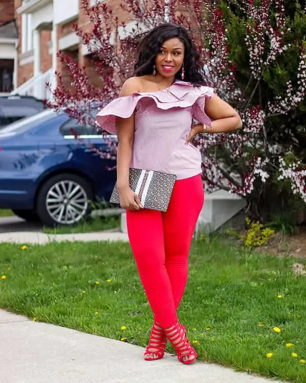 Purple Up – shoulder Shirt with Red Leggings + Sandals + Clutch Purse