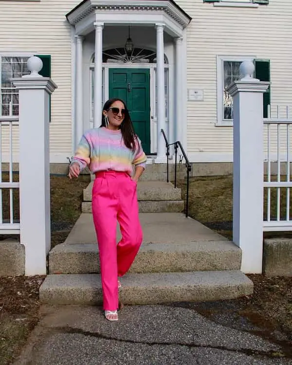 Rainbow + Ombre Sweater + Wide Leg Pants + Heels + Sunglasses