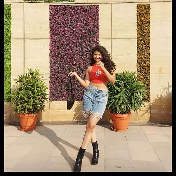 Red Crop Top with Ripped Denim Shorts + Square-Heel Boots