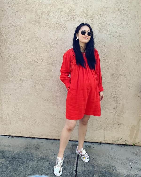 Red Short Dress with Van Shoes + Sunglasses