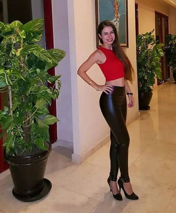 Red Tank Top with Leather Leggings + Heels