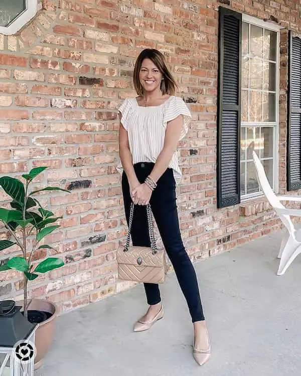 Ruffle Sleeves Stripes Top with Black Jeans + Loafers + Midi Handbag