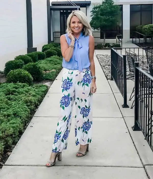 Sky Blue Handless Blouse with Floral Pants + Heels