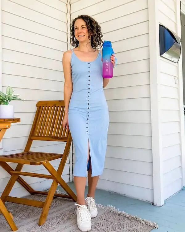 Sky Blue Straight Spaghetti Hands Dress with Sneakers