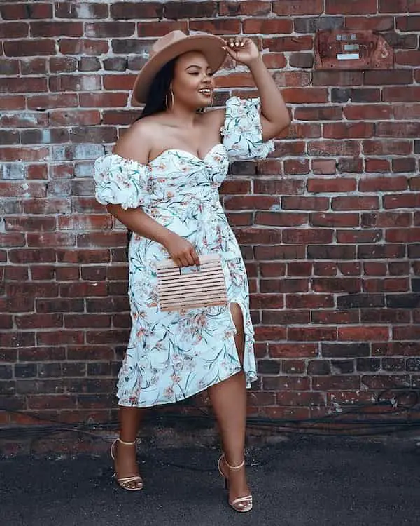 Sleeveless Floral Gown + Heels + Hat + Clutch