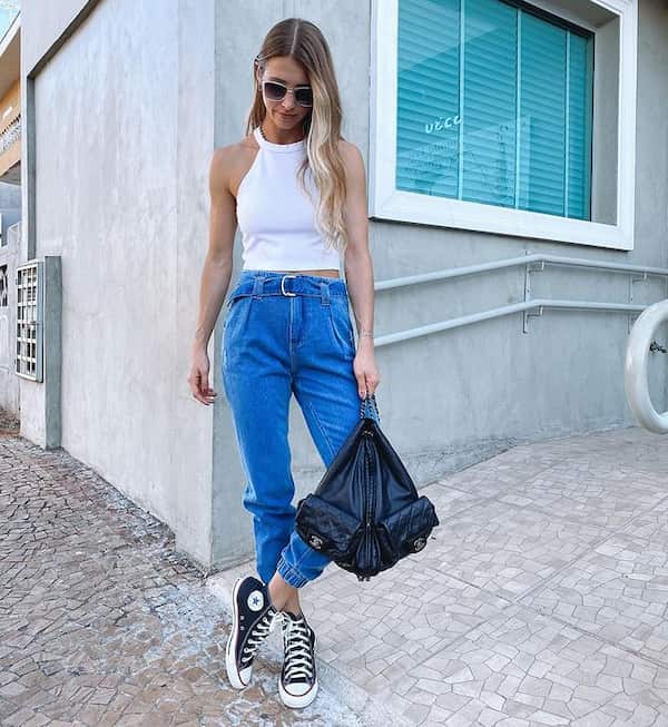 Sleeveless White Top with Jean Pants + Sneakers + School Bag
