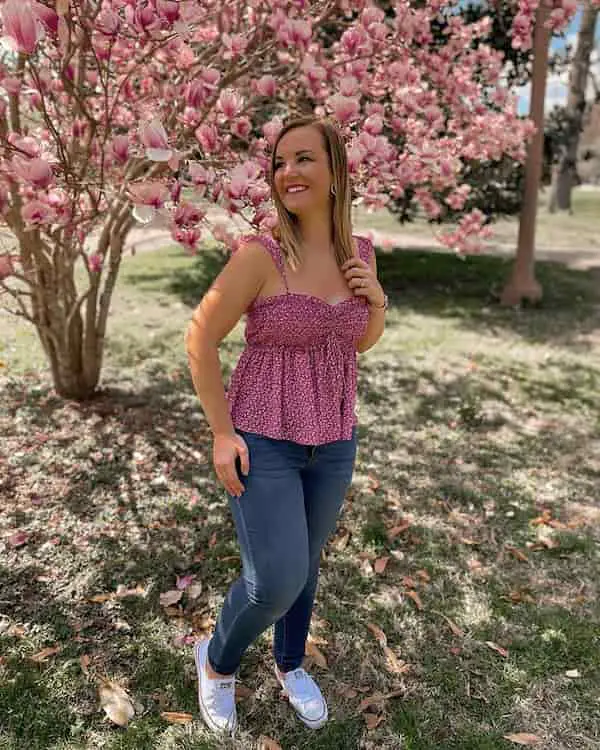 Spaghetti Hands Floral Blouse with Jean Pants Loafers