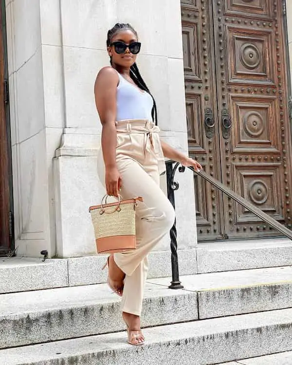 Spaghetti Hands White Top with Neutral Colored High Waist Pants + Heels + Midi handbag + Sunglasses