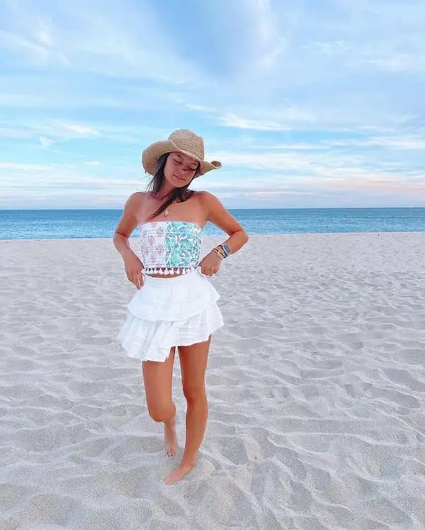 Strapless Crop Top with White Mini Skirt + Cowboy Hat