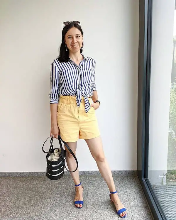 Striped Shirt with Yellow Shorts + Heels + Handbag