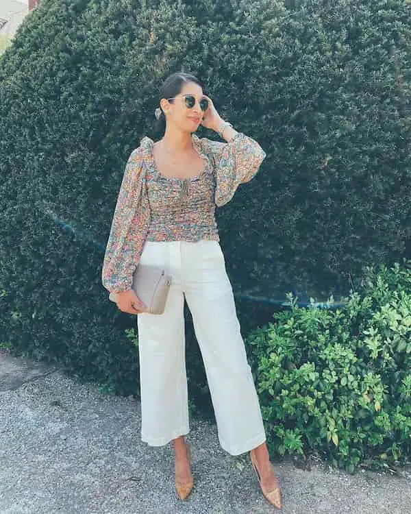 U- Neck Blouse + Wide Leg Crop Pant + Clutch + Sunglasses