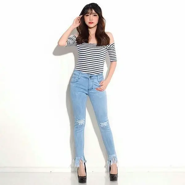 Up-Shoulder Line Parted Shirt with High Waist Jean Pants + Heels