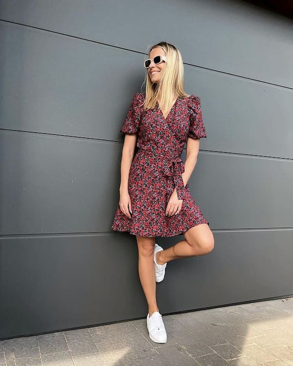 V-necked Floral Dress with Sneakers + Sunglasses