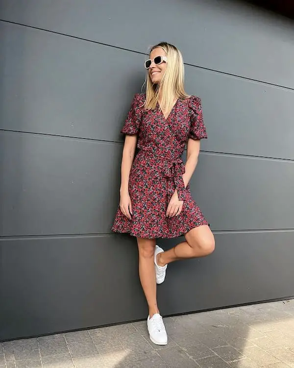 V-necked Floral Dress with Sneakers + Sunglasses