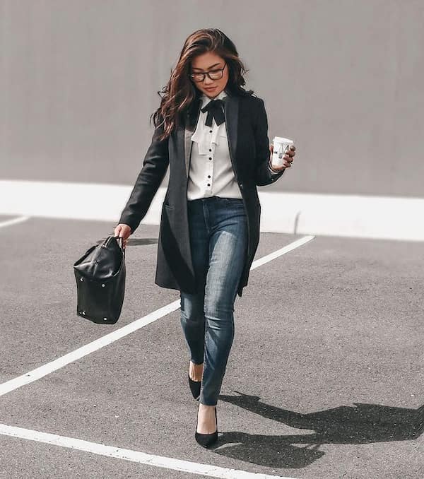 White Button-Down Shirt with Black Trench Coat + Sweat pants + Heel + Midi Handbag