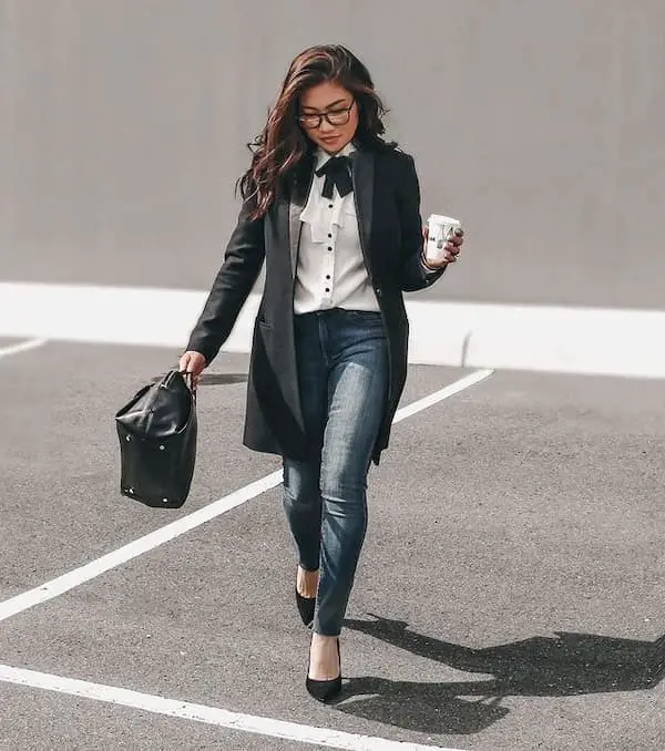 White Button-Down Shirt with Black Trench Coat + Sweat pants + Heel + Midi Handbag