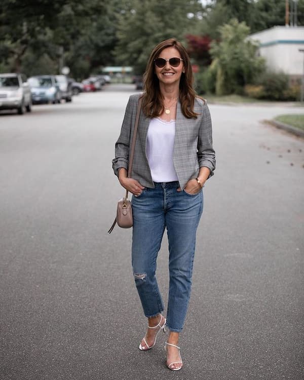 White Camisole with a Neutral Colored Crop Blazer + Jeans Pants + Heels + Midi Handbag + Sunglasses