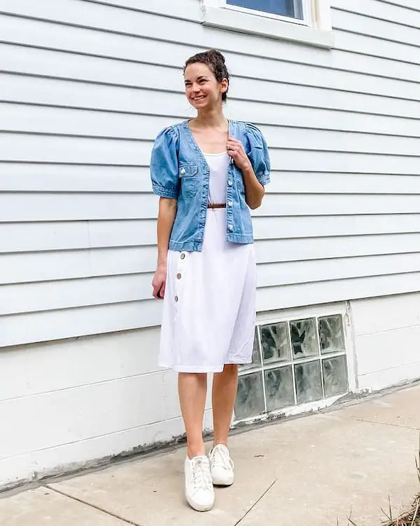 White Dress with Denim Jacket + Sneakers