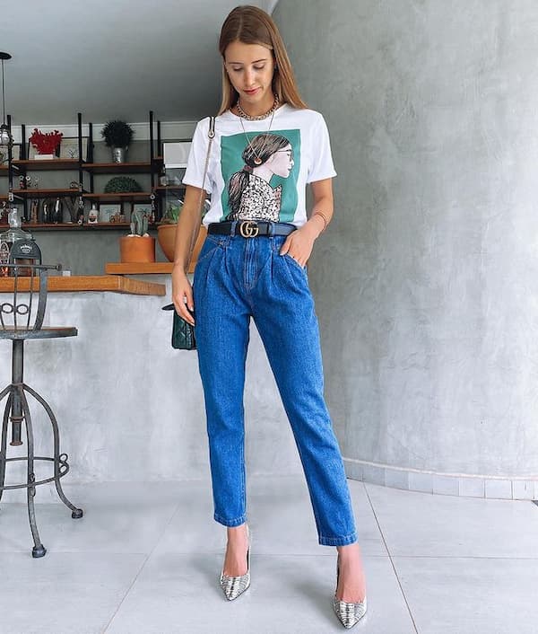 White Graphic Top with Belt + High Waist Jean Pants