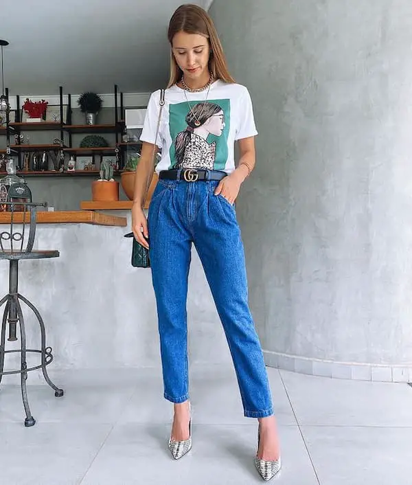 White Graphic Top with Belt + High Waist Jean Pants