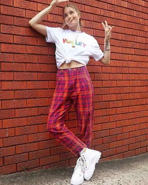 White Graphic Top with Burgundy Pants + Sneakers