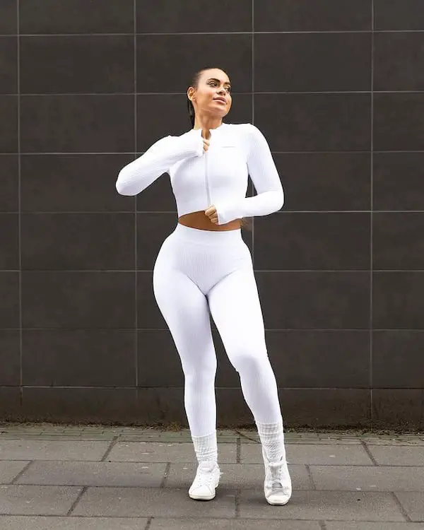 White Long Sleeve Crop Top with White Leggings + Sneakers