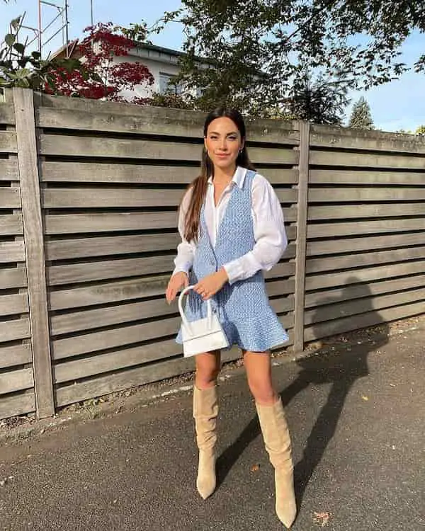 White Long Sleeve Shirt with Blue Mini Silhouette + Knee-High Boots + Midi Handbag