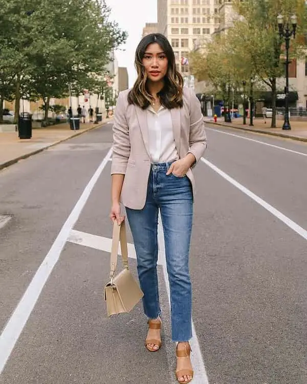 White Shirt with Neutral Colored Blazer + Jeans Pants + Sandals + Midi Handbag