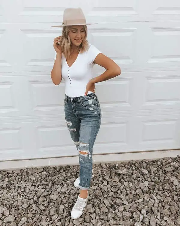 White Shirt with Ripped Jeans Pants + Hat + Sneakers