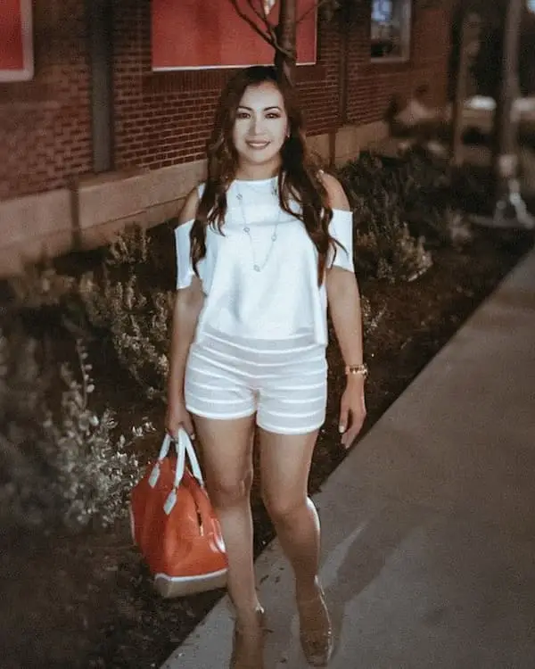 White Shirt with Shorts + Heels + Maxi Handbag