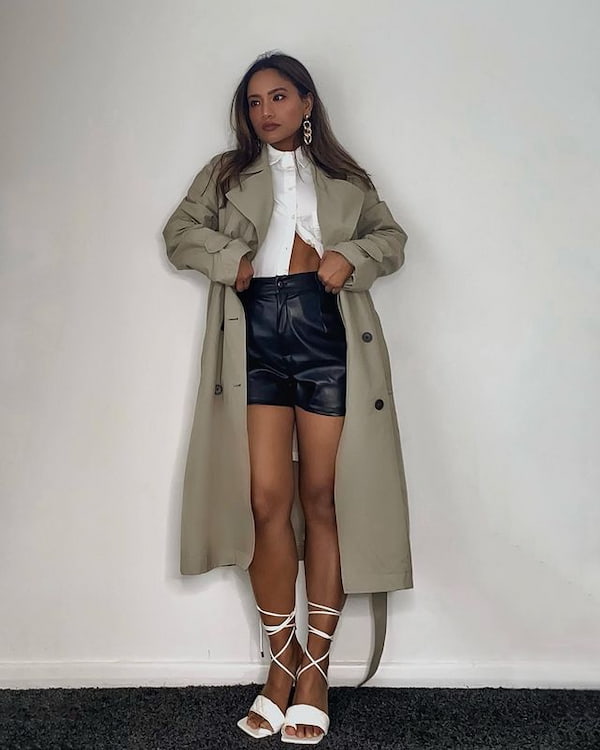 White Shirt with Trench Coat + Black Leather Shorts + Heels
