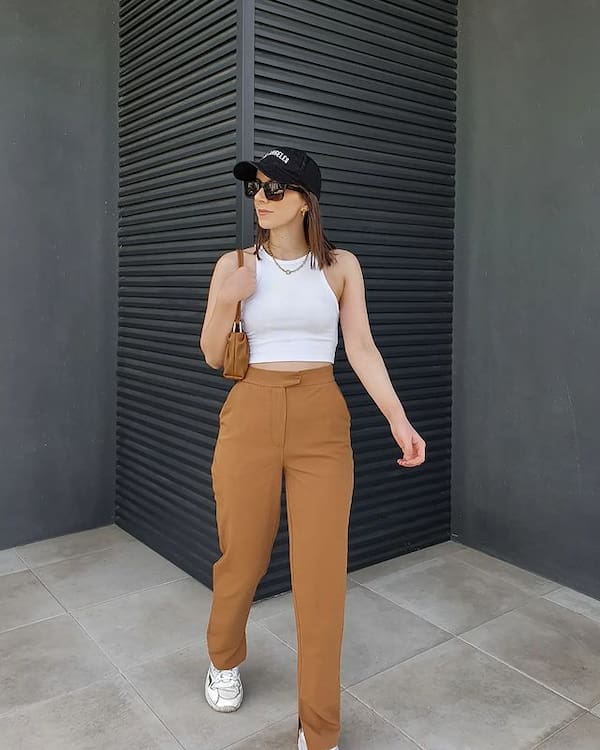 White Tank Top with High Waist Joggers + Sneakers + Face Cap + Mini Handbag